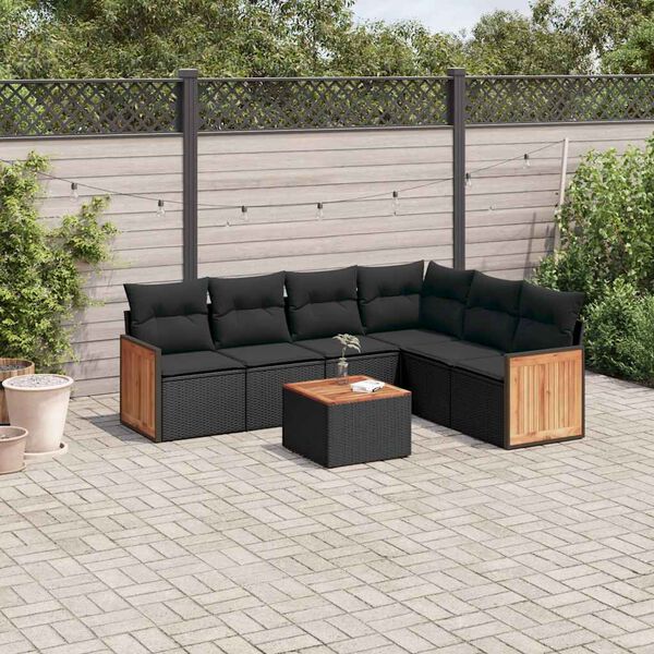 vidaXL 7 pcs conjunto de sof&aacute;s p/ jardim c/ almofad&otilde;es vime PE preto