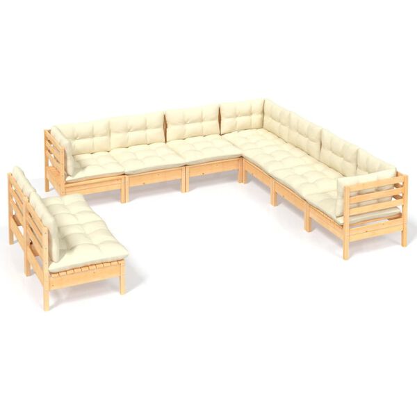 vidaXL 9 pcs conjunto lounge jardim c/ almofad&otilde;es creme pinho maci&ccedil;o