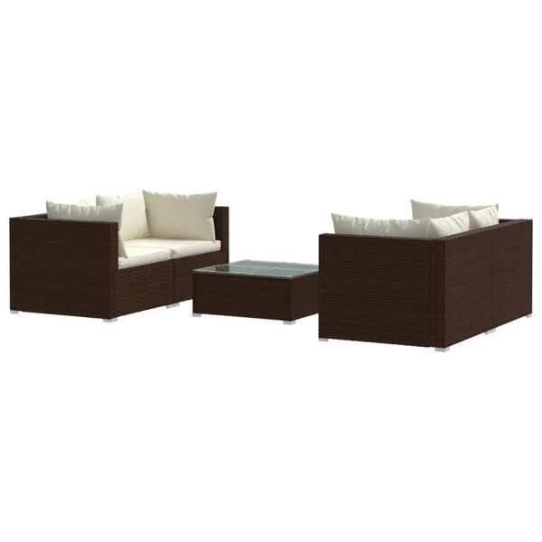 vidaXL 5 pcs conjunto lounge jardim c/ almofad&otilde;es vime PE castanho