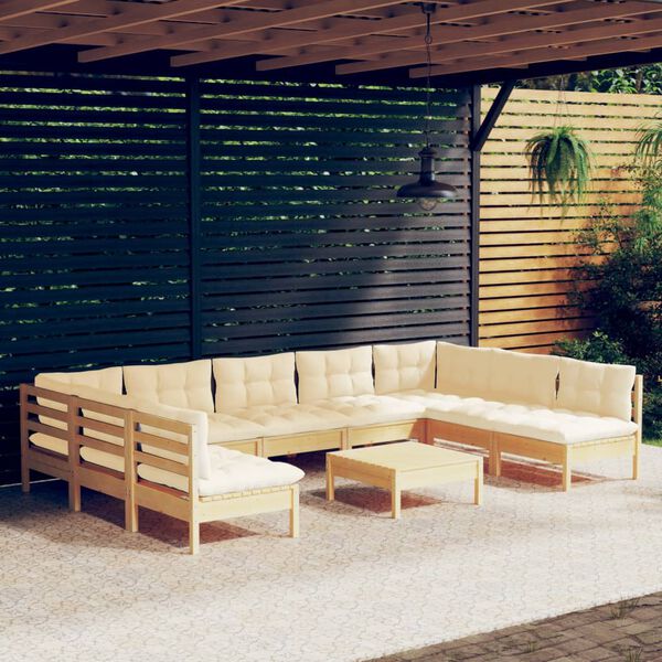 vidaXL 10 pcs conjunto lounge jardim c/ almofad&otilde;es creme pinho maci&ccedil;o