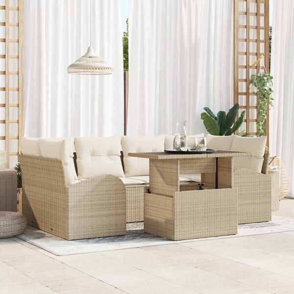 vidaXL Conjunto de Sof&aacute; de Jardim 7 pcs Bege Rattan Sint&eacute;tico