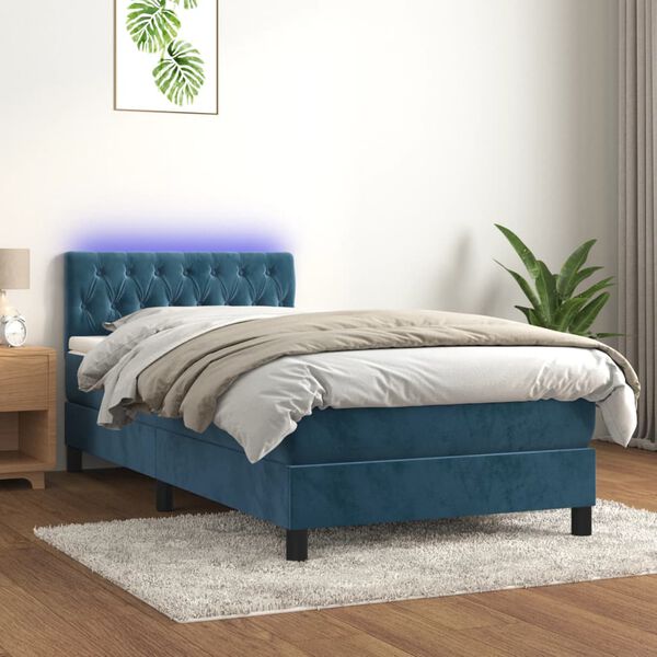 vidaXL Cama box spring c/ colch&atilde;o/LED 90x200 cm veludo azul-escuro