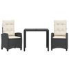 vidaXL 3 pcs conjunto de jantar p/ jardim c/ almofad&otilde;es vime PE preto
