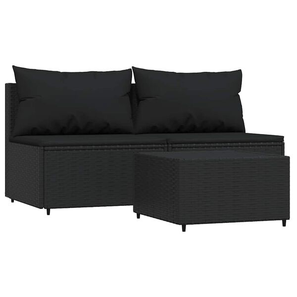 vidaXL 3 pcs conjunto lounge de jardim c/ almofad&otilde;es vime PE preto