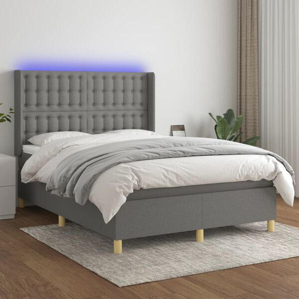 vidaXL Cama box spring c/ colch&atilde;o e LED 140x190 cm tecido cinza-escuro