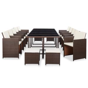 vidaXL 15 pcs conjunto jantar exterior com almofad&otilde;es vime PE castanho