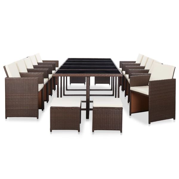 vidaXL 15 pcs conjunto jantar exterior com almofad&otilde;es vime PE castanho