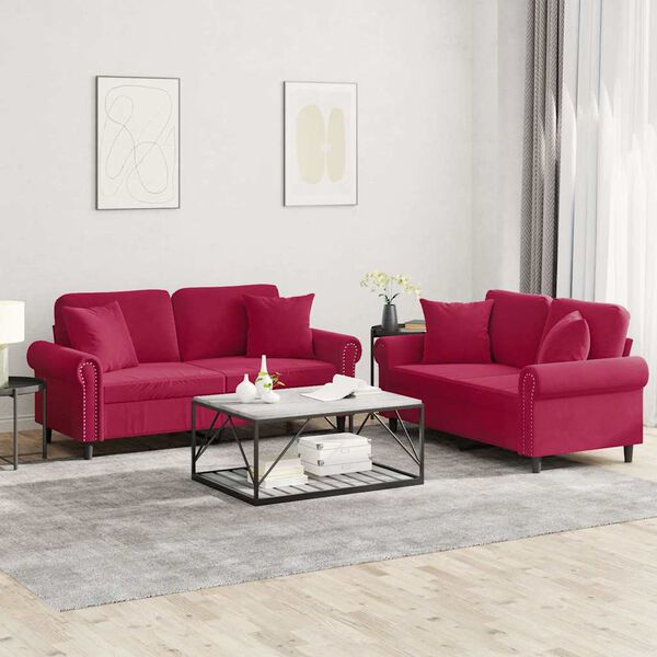 vidaXL 2 pcs conjunto de sofás com almofadas veludo vermelho-tinto
