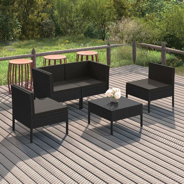 vidaXL 5 pcs conjunto lounge de jardim c/ almofad&otilde;es vime PE preto