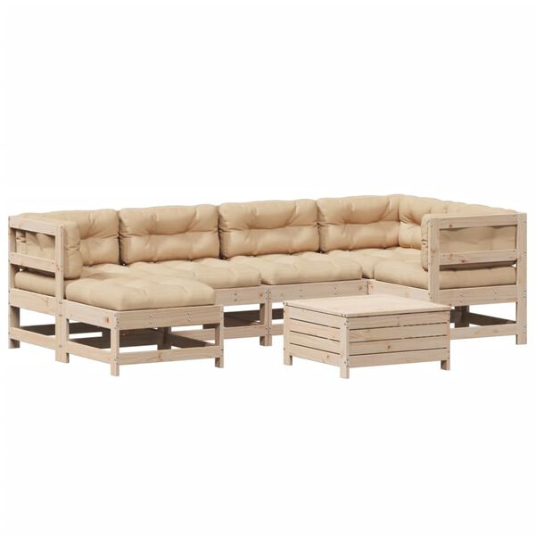 vidaXL 7 pcs conjunto lounge de jardim c/ almofad&otilde;es pinho maci&ccedil;o