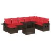 vidaXL Conjunto de sof&aacute; de jardim com 9 pe&ccedil;as e almofadas em rattan sint&eacute;tico marrom