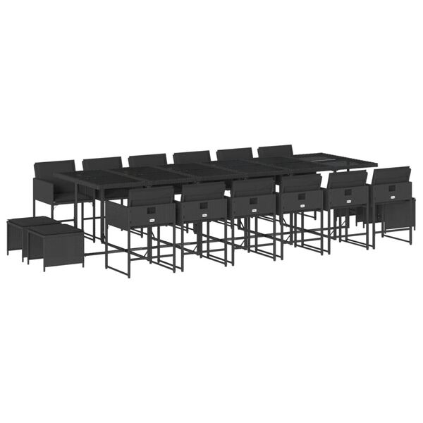 vidaXL 17 pcs conjunto de jantar p/ jardim c/ almofad&otilde;es vime PE preto