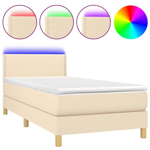 vidaXL Cama box spring c/ colch&atilde;o e LED 90x200 cm tecido cor creme