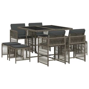 vidaXL 9 pcs conjunto de jantar p/ jardim c/ almofad&otilde;es vime PE cinza