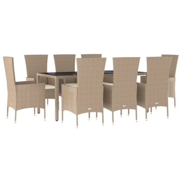 vidaXL 9 pcs conjunto de jantar p/ jardim com almofad&otilde;es vime PE bege