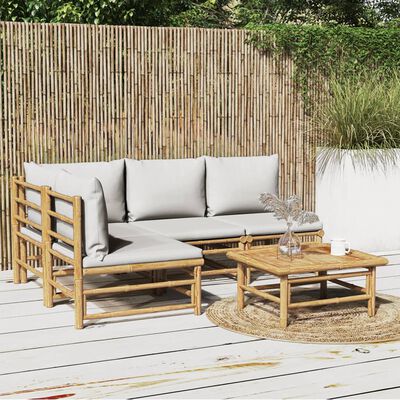 vidaXL 5 pcs conj. lounge de jardim bambu c/ almofadões cinzento-claro