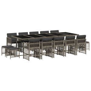 vidaXL 15 pcs conjunto jantar p/ jardim c/ almofad&otilde;es vime PE cinzento