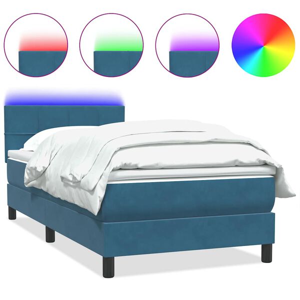 vidaXL Cama box spring c/ colch&atilde;o e LED 90x220 cm veludo azul-escuro
