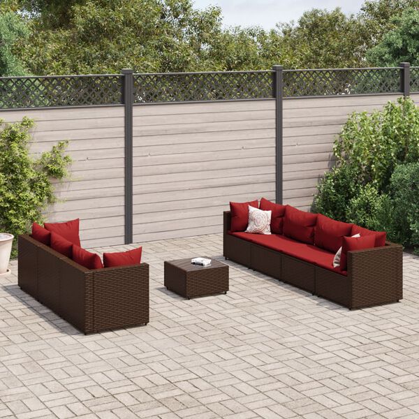 vidaXL 8 pcs conjunto lounge jardim c/ almofad&otilde;es vime PE castanho
