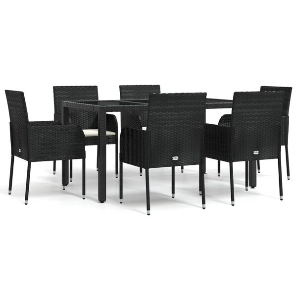 vidaXL 7 pcs conjunto de jantar p/ jardim c/ almofad&otilde;es vime PE preto