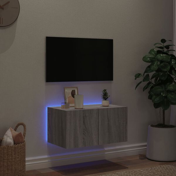 vidaXL M&oacute;vel de parede p/ TV c/ luzes LED 60x35x31 cm cinzento sonoma