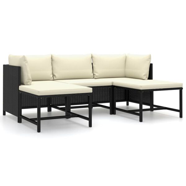 vidaXL 5 pcs conjunto lounge de jardim c/ almofadões vime PE preto