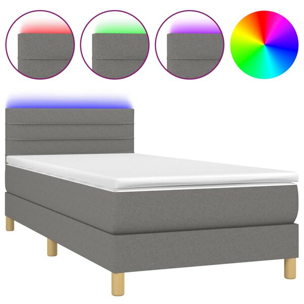 vidaXL Cama box spring c/ colch&atilde;o e LED 90x190 cm tecido cinza-escuro