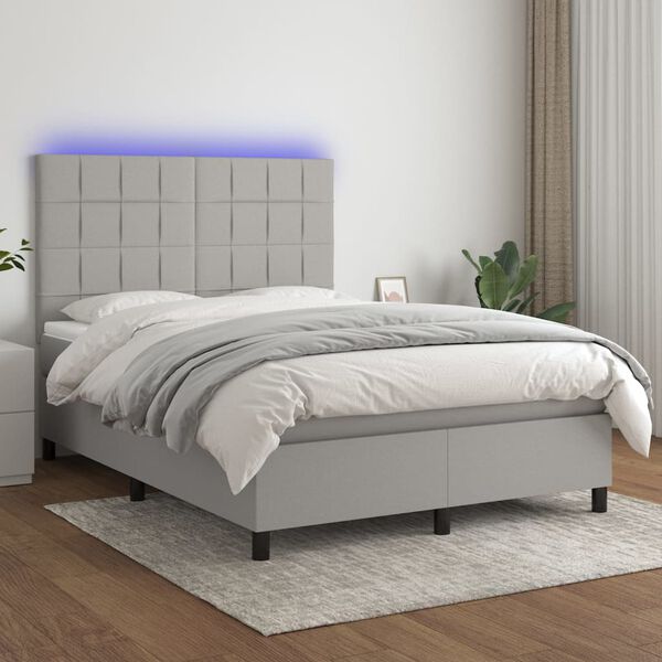 vidaXL Cama box spring c/ colch&atilde;o e LED 140x200 cm tecido cinza-claro