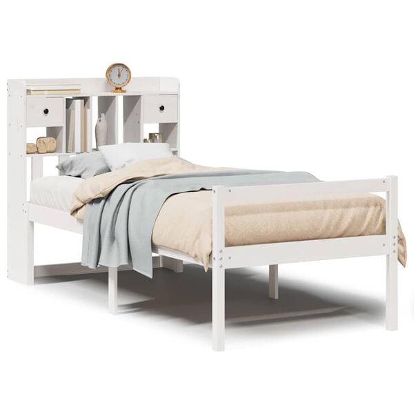 vidaXL Cama com estante sem colch&atilde;o 90x200 cm pinho maci&ccedil;o branco