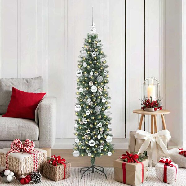 vidaXL &Aacute;rvore Slim de Natal Artificial Verde e Branco 150 cm