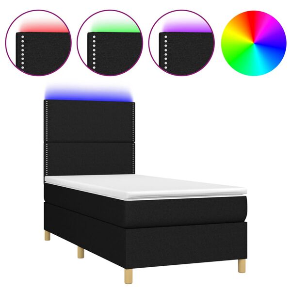 vidaXL Cama box spring c/ colch&atilde;o e LED 90x190 cm tecido preto