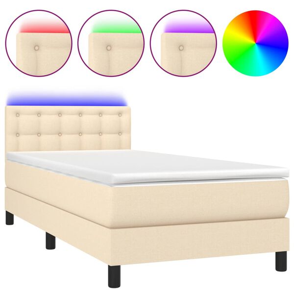 vidaXL Cama box spring c/ colchão e LED 90x200 cm tecido cor creme