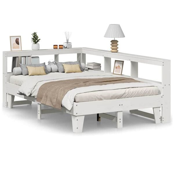 vidaXL Cama com estante sem colch&atilde;o 135x190 cm pinho maci&ccedil;o branco
