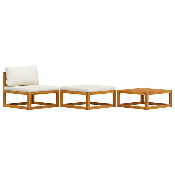 vidaXL 3 pcs conjunto lounge jardim c/ almofadões cor creme acácia