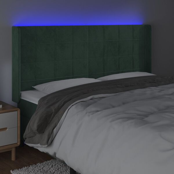 vidaXL Cabeceira de cama c/ LED veludo 163x16x118/128 cm verde-escuro