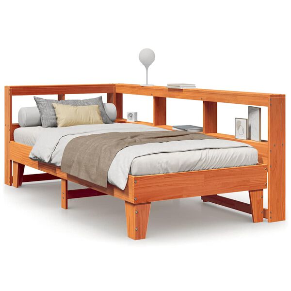 vidaXL Cama com estante sem colch&atilde;o 90x190cm pinho maci&ccedil;o castanho-mel