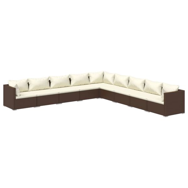 vidaXL 9 pcs conjunto lounge jardim c/ almofadões vime PE castanho