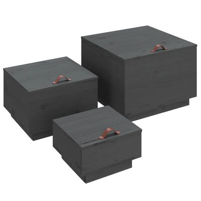 vidaXL Caixas de arrumação com tampas 3 pcs pinho maciço cinza