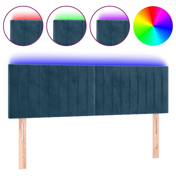 vidaXL Cabeceira de cama c/ luzes LED veludo 144x5x78/88cm azul-escuro