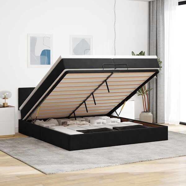 vidaXL Estrutura de cama otomana com colch&atilde;o 200x200 cm veludo preto