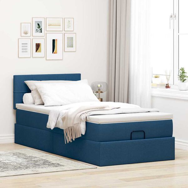 vidaXL Cama Otomana com Colch&atilde;o & LEDs Tecido Azul 90x200 cm