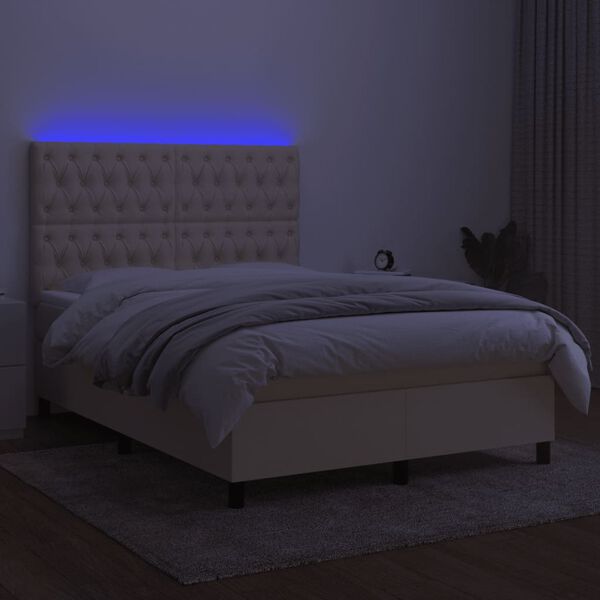 vidaXL Cama box spring c/ colch&atilde;o e LED 140x190 cm tecido cor creme