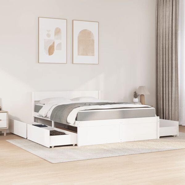 vidaXL Cama com gavetas e colch&atilde;o 140x200 cm pinho maci&ccedil;o branco