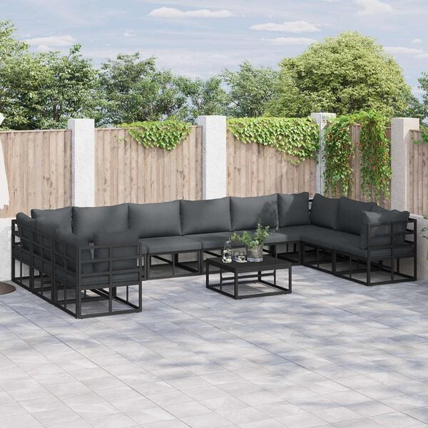 vidaXL Conjunto de Sof&aacute; de Jardim com almofada 11 pcs Preto Alum&iacute;nio