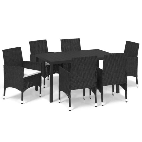vidaXL 7 pcs conjunto de jantar p/ jardim c/ almofad&otilde;es vime PE preto