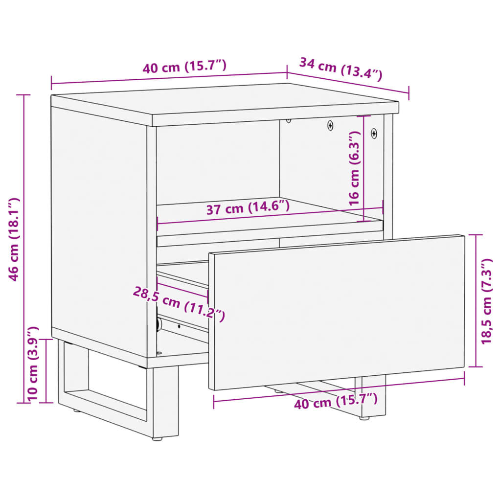 vidaXL Mesa de cabeceira 40x34x46cm madeira de mangueira áspera maciça