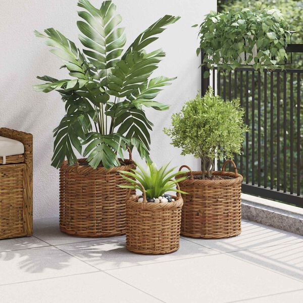 vidaXL Cesta de Plantas com armazenamento 3 pcs Castanho Rattan Kubu