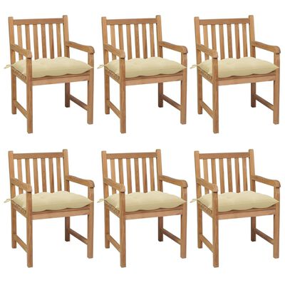vidaXL Cadeiras de jardim c/ almofadões branco nata 6 pcs teca maciça