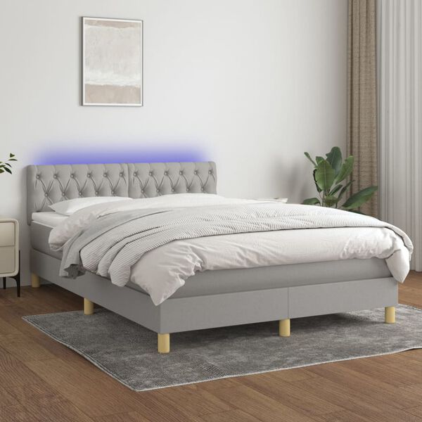 vidaXL Cama box spring c/ colch&atilde;o e LED 140x190 cm tecido cinza-claro