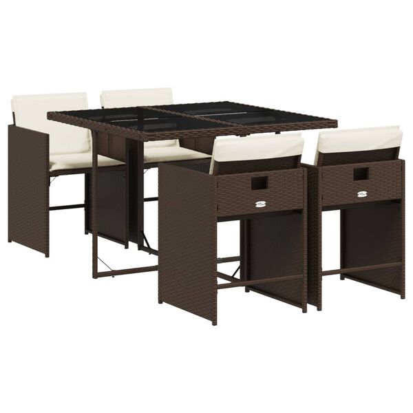 vidaXL 5 pcs conjunto jantar p/ jardim c/ almofad&otilde;es vime PE castanho